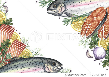Corner frame with trout, whole and sliced, with vegetables and spices. A hand-drawn watercolor illustration. A color image of a fish dish template. On a white background. For menu, recipe, invitation. 122681844