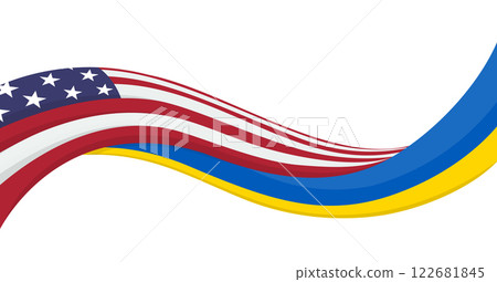 Wavy ribbon banner of Ukraine National flag with USA National Flag. Unity and cooperation symbol. Logo for charity social events, NGO, sports team, peace summit. Vector illustration. 122681845