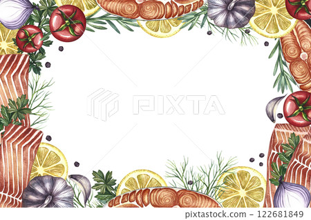 A frame with a picture of a fillet of red fish with vegetables. A hand-drawn watercolor illustration. A color image of a seafood template. On a white background. For menu, labels packaging, invitation 122681849