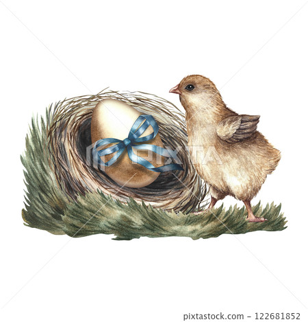 Cute little hatched chick next to the nest and Easter egg. A hand-drawn watercolor illustration. Highlight it. For Easter cards, packaging and labels, posters, stickers and printing. Cute little hatched chick next to the nest and Easter egg. A hand-drawn watercolor illustration. Highlight it. For Easter cards, packaging and labels, posters, stickers and printing. 122681852
