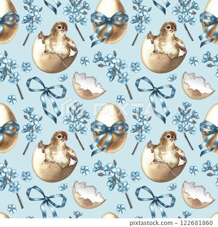 Easter seamless pattern with a hatched chicken, decorated with eggs and forget-me-nots. The illustration is made in handmade watercolor. On a blue background. For textiles, prints, wrapping paper. Easter seamless pattern with a hatched chicken, decorated with eggs and forget-me-nots. The illustration is made in handmade watercolor. On a blue background. For textiles, prints, wrapping paper. 122681860