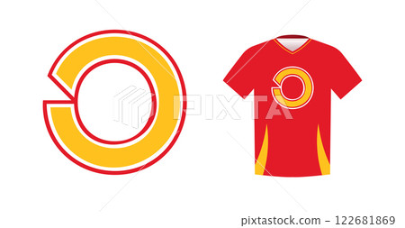 Bold yellow letter O with red outline, varsity sports emblem design on red athletic jersey. Ideal for sports team logos, college branding, athletic apparel. Vector illustration 122681869