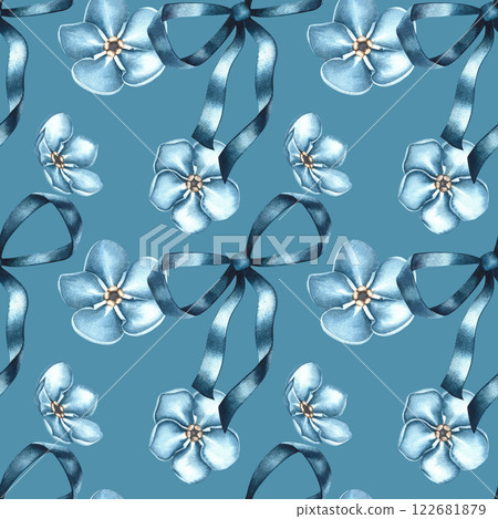 A simple pattern with blue forget-me-nots and bows of their ribbons. The illustration is done in watercolor by hand. On a blue background. For textiles, wallpapers, prints, wrapping paper, backgrounds 122681879