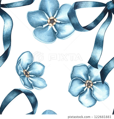 A simple pattern with blue forget-me-nots and bows of their ribbons. The illustration is done in watercolor by hand. On a white background. For textiles, wallpapers, prints, wrapping paper, background A simple pattern with blue forget-me-nots and bows of their ribbons. The illustration is done in watercolor by hand. On a white background. For textiles, wallpapers, prints, wrapping paper, background 122681881