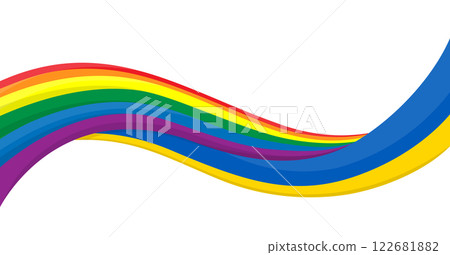 Wavy ribbon banner of Ukraine National flag with LGBTQ pride Flag. Symbol for diversity campaigns, pride events, and social awareness graphics. Vector illustration. 122681882