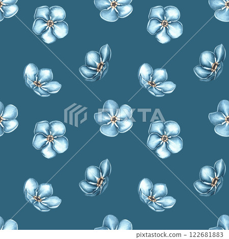 Seamless simple pattern with blue forget-me-not flowers. A hand-drawn watercolor illustration. On a blue background. Great for textiles, wallpapers, prints, wrapping paper, backgrounds, and more. 122681883