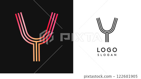 Minimalistic striped letter Y, three lines monogram, shiny luxurious metallic gloss color logo for premium brand of jewels, fashion and beauty. Modern retro avant-garde identity. Vector illustration. 122681905
