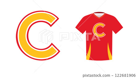 Bold yellow letter C with red outline, varsity sports emblem design on red athletic jersey. Ideal for sports team logos, college branding, athletic apparel. Vector illustration 122681906