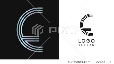 Minimalistic striped letter E, three lines monogram, shiny luxurious metallic gloss color logo for premium brand of jewels, fashion and beauty. Modern retro avant-garde identity. Vector illustration. 122681907