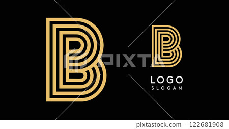 Geometric golden letter B with concentric lines on black background. Sleek sophisticated logo design. Luxury, modernity, elegance logotype for premium branding, corporate identity.Vector illustration. 122681908