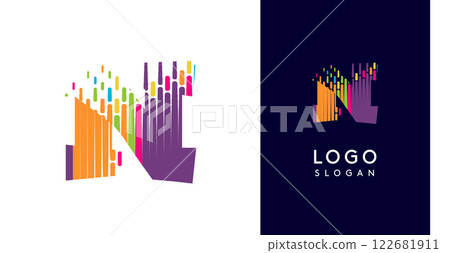 Colorful stripes transitioning into pixel-like elements fat logo template, letter N, abstract equalizer logotype for tech, creative studio, media, digital branding. Vector illustration 122681911