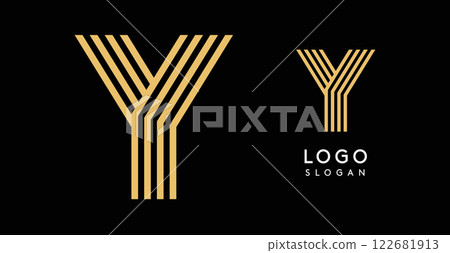 Geometric golden letter Y with concentric lines on black background. Sleek sophisticated logo design. Luxury, modernity, elegance logotype for premium branding, corporate identity.Vector illustration. 122681913