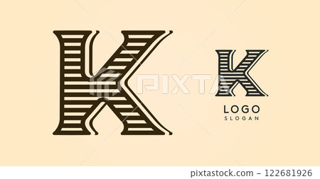 Vintage western letter K, country stylish old lettermark for retro bar logo, BBQ cafe, tattoo salon, saloon plaque, alcohol label. Vector illustration 122681926