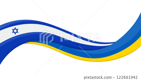 Wavy ribbon banner of Ukraine National flag with Israel National Flag. Unity and cooperation symbol. Logo for charity social events, NGO, sports team, peace summit. Vector illustration. Wavy ribbon banner of Ukraine National flag with Israel National Flag. Unity and cooperation symbol. Logo for charity social events, NGO, sports team, peace summit. Vector illustration. 122681942