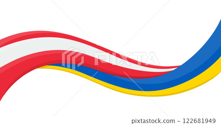 Wavy ribbon banner of Ukraine National flag with Austria National Flag. Unity and cooperation symbol. Logo for charity social events, NGO, sports team, peace summit. Vector illustration. 122681949