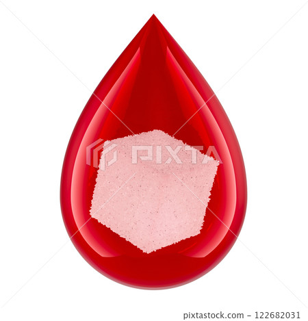 Blood drop with sugar cube. Glucose level, concept. 3D rendering 122682031