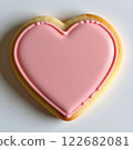 Pastel pink flat heart shaped icing cookies, close-up, white background. AI generated image. 122682081
