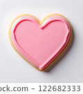 Pink heart-shaped icing cookies with border, homemade style, white background. AI generated image. 122682333