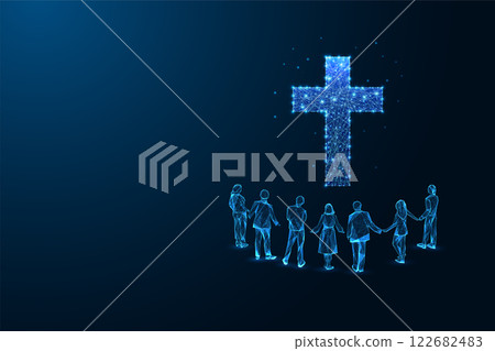 Christian Church, faith, unity concept with group of people holding hands, looking at glowing cross 122682483