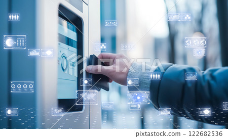 無現金交易的概念、人工智慧銀行安全 122682536