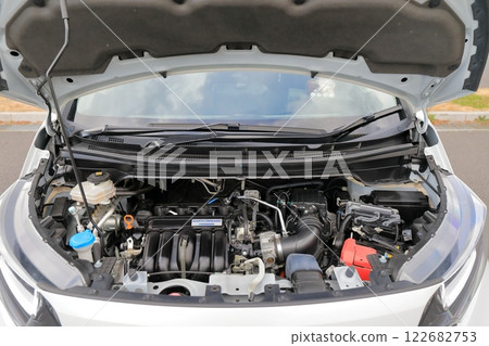 Passenger car with the hood open (hybrid engine vehicle) 122682753