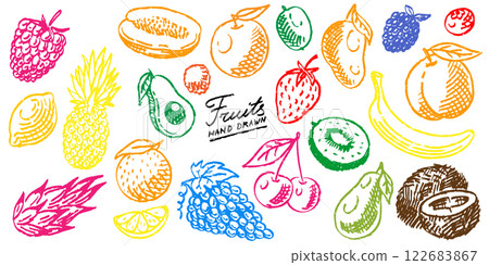Brush drawn fresh fruits in grunge style. very simple lines with many organic food. strawberry and 122683867