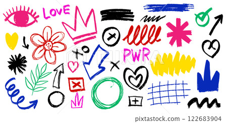 Graffiti elements symbols for girls, feminism. crown and heart abstract elements. flower and arrows 122683904