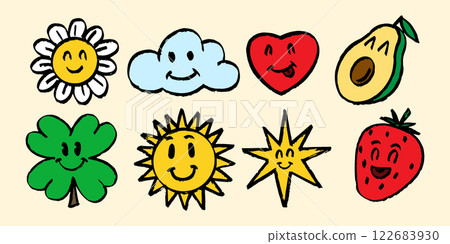 Cartoon kawaii fruits flowers and cloud with faces. Sun grunge expressions emoji with different 122683930