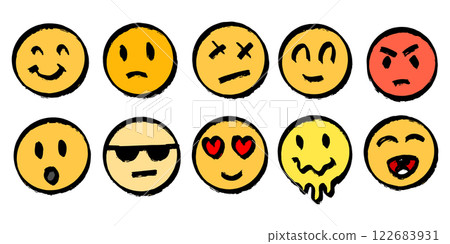 set of emoji in round shapes. different emotions for social media or banners. angry and happy faces set of emoji in round shapes. different emotions for social media or banners. angry and happy faces 122683931