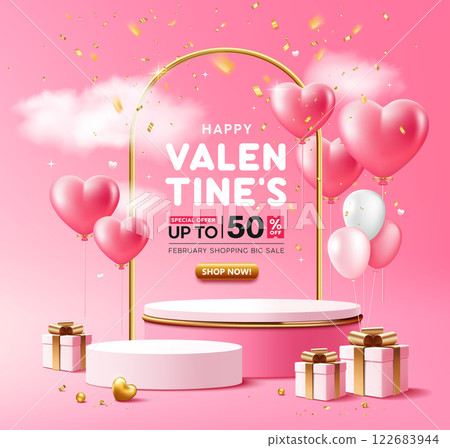 Valentines day podium display stage pink and gold podium heart shaped balloons and gift box gold ribbon, poster flyer 122683944