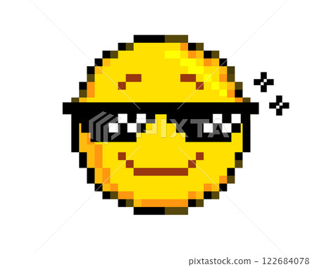 8 bits pixel art yellow happy big smiley face icon with retro sunglasses eyes 122684078
