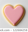 Thin heart-shaped cookies with glazed strawberry chocolate coating, white background. AI generated image. 122684258