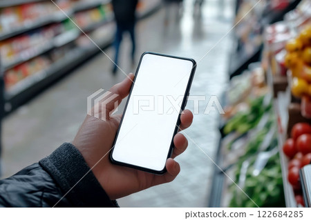 Hand holding smartphone with blank screen in grocery store produce aisle. Mock up. Copy space 122684285