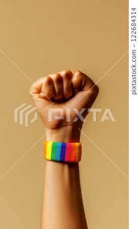 A single clenched fist Raised fist with LGBT flag bracelet, isolated on background, activism, solidarity, equality, pride. 122684314