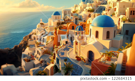 Santorini Sunset Breathtaking View of Iconic Blue Domes and Aegean Sea. 122684315