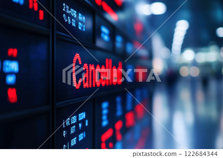 Flight information display system in international airport, cancelled and delayed flights. 122684344