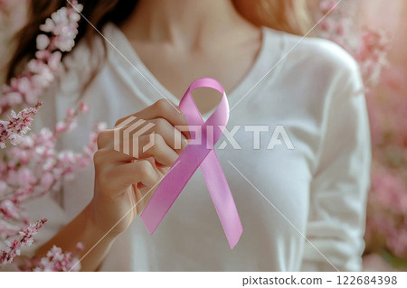 woman holds a purple cancer awareness ribbon . woman holds a purple cancer awareness ribbon . 122684398