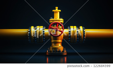 a large yellow gas pipe .The pipe is connected to a red valve or connection on isolated background. 122684399
