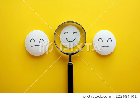 Customer review satisfaction feedback survey concept to gather insights and improve its services. A magnifying glass focuses on smile face among different feedback emoticons on yellow background. 122684401