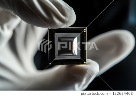 hand in white gloves holding an advanced third-generation microchip with a black, rectangular shape, set against a clean background. 122684408
