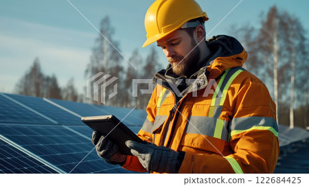 a professional solar panel technician wearing a high-visibility orange safety jacket and a yellow hard hat to holding a digital tablet standing by solar grid at solar farm. 122684425