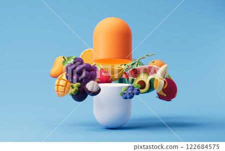 Capsule and a variety of fruits, rich in vitamins 122684575
