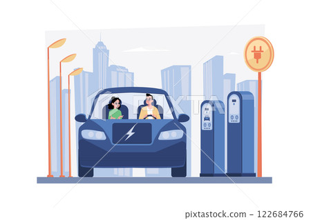 Couple Riding Electric Car Illustration concept. A flat illustration isolated on white background 122684766