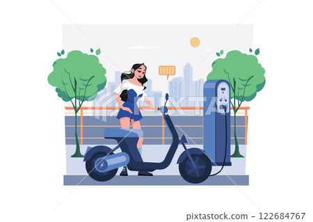 Woman Charges The Electric Bike At Electronic Vehicle Center 122684767