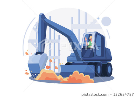 Truck Driver Rising Hand While Sitting In Construction Truck Truck Driver Rising Hand While Sitting In Construction Truck 122684787