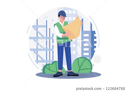 Builder Looking Architectural Plan Of The Project 122684788