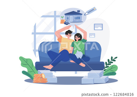 Couple Sitting On The Sofa Thinking About New House Couple Sitting On The Sofa Thinking About New House 122684816