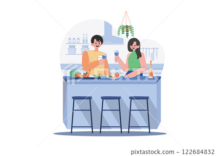 Couple Holding Wineglasses In Hands Stand At Kitchen Desk With Fruits 122684832