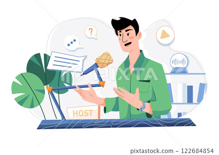 Man Hosting Podcast Illustration concept. A flat illustration isolated on white background Man Hosting Podcast Illustration concept. A flat illustration isolated on white background 122684854