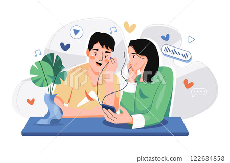 Couple Listening To A Romantic Podcast 122684858